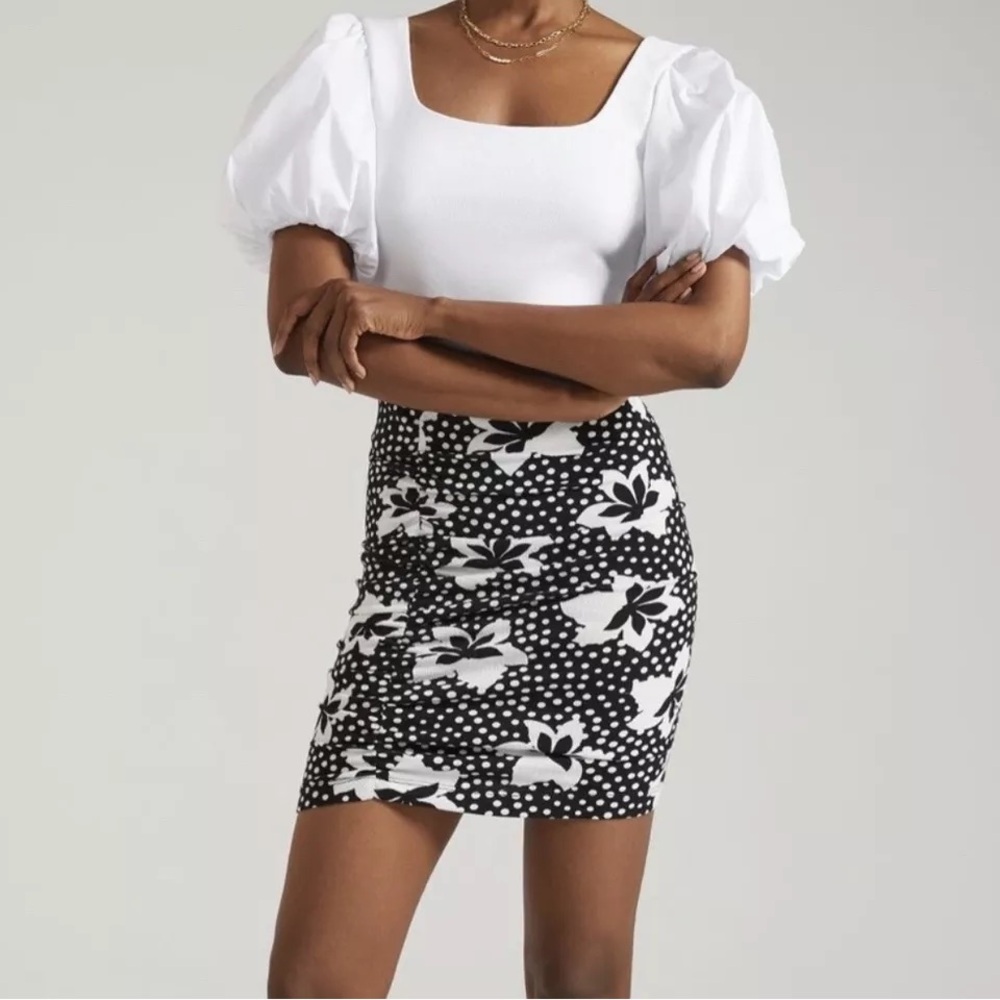 Anthropologie Porridge Black & White Polka Dot Floral Ruched Mini Skirt
